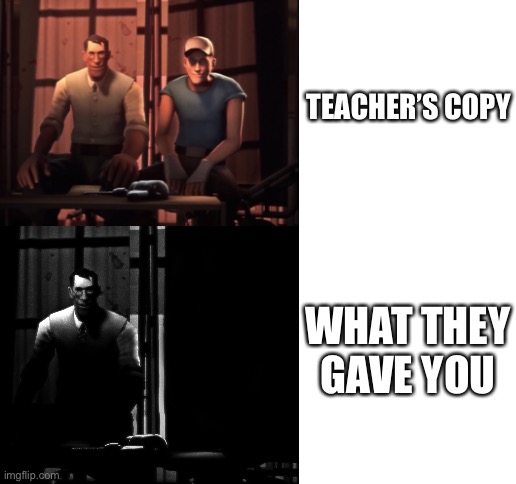 Blank White Template | TEACHER’S COPY; WHAT THEY GAVE YOU | image tagged in blank white template,team fortress 2,tf2 | made w/ Imgflip meme maker