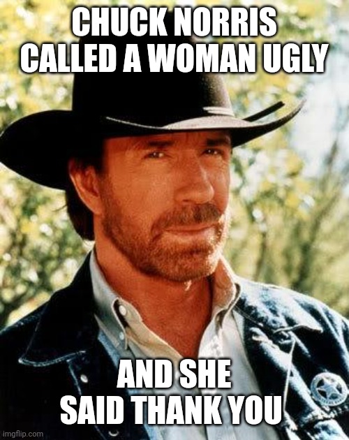 Chuck Norris is the goat | CHUCK NORRIS CALLED A WOMAN UGLY; AND SHE SAID THANK YOU | image tagged in memes,chuck norris | made w/ Imgflip meme maker