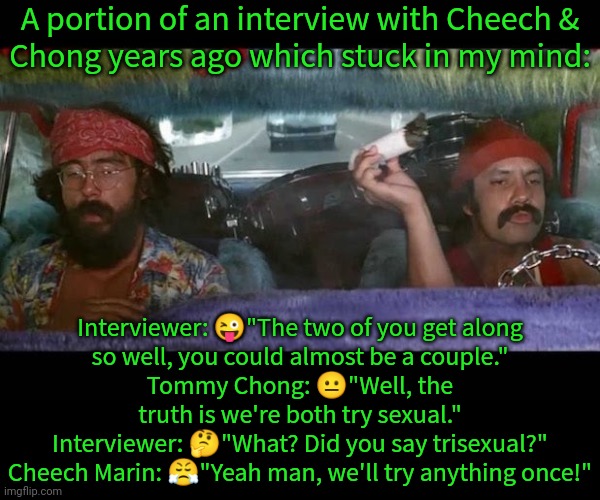 I spit out my cola. :O... | A portion of an interview with Cheech &
Chong years ago which stuck in my mind:; Interviewer: 😜"The two of you get along
so well, you could almost be a couple."
Tommy Chong: 😐"Well, the
truth is we're both try sexual."
Interviewer: 🤔"What? Did you say trisexual?"
Cheech Marin: 😤"Yeah man, we'll try anything once!" | image tagged in cheech and chong,comedy genius,lgbtq,comeback,gotcha | made w/ Imgflip meme maker