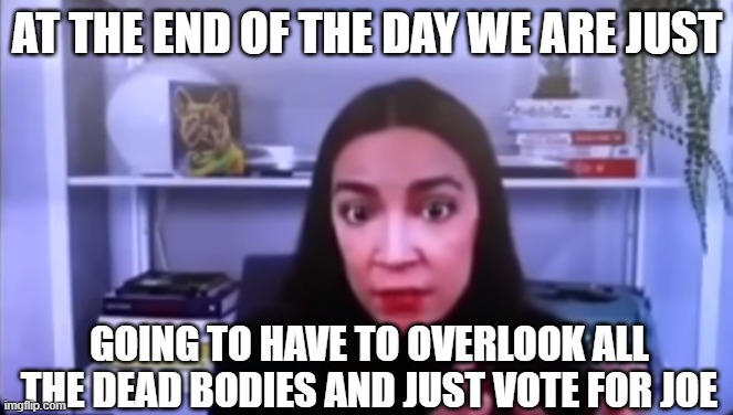 Just keep on sucking it up and voting for garbage | AT THE END OF THE DAY WE ARE JUST; GOING TO HAVE TO OVERLOOK ALL THE DEAD BODIES AND JUST VOTE FOR JOE | image tagged in fjb,aoc,crazy aoc,joe biden,biden,2024 | made w/ Imgflip meme maker