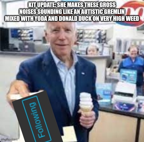 joe biden following | KIT UPDATE: SHE MAKES THESE GROSS NOISES SOUNDING LIKE AN AUTISTIC GREMLIN MIXED WITH YODA AND DONALD DUCK ON VERY HIGH WEED | image tagged in joe biden following | made w/ Imgflip meme maker