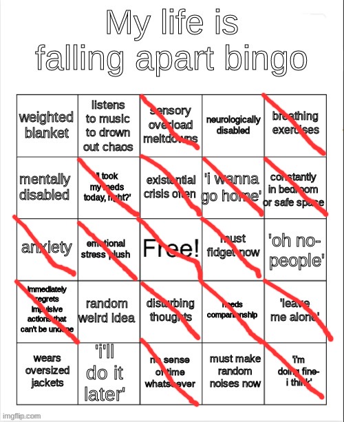 Didn't actually get 'bingo,' but still, I'm surprised by how much I marked | image tagged in my life is falling apart bingo | made w/ Imgflip meme maker