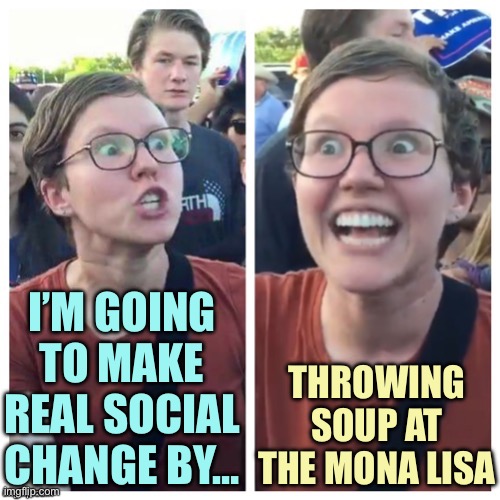 SJW Logic | I’M GOING TO MAKE REAL SOCIAL CHANGE BY…; THROWING SOUP AT THE MONA LISA | image tagged in sjw hypocrisy,memes | made w/ Imgflip meme maker