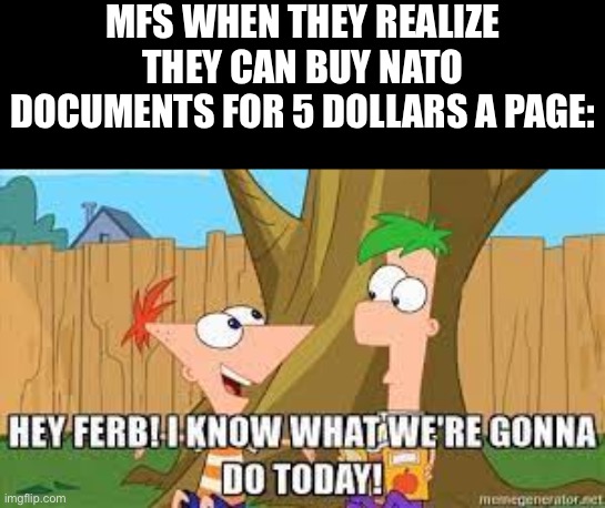 Hey Ferb I Know What We're Gonna Do Today | MFS WHEN THEY REALIZE THEY CAN BUY NATO DOCUMENTS FOR 5 DOLLARS A PAGE: | image tagged in hey ferb i know what we're gonna do today | made w/ Imgflip meme maker