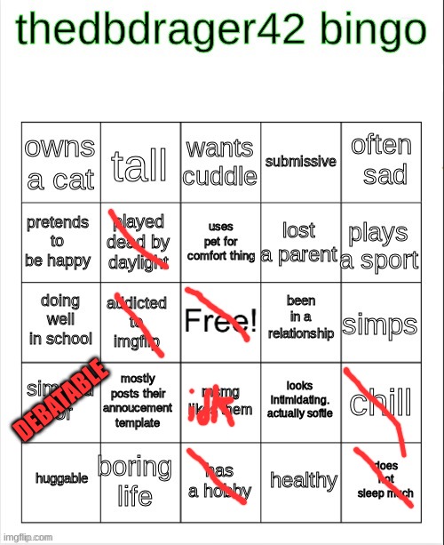 ight, did the thing | DEBATABLE | image tagged in thedbdrager42 bingo | made w/ Imgflip meme maker