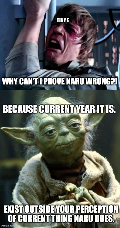 TINY E; WHY CAN'T I PROVE NARU WRONG?! BECAUSE CURRENT YEAR IT IS. EXIST OUTSIDE YOUR PERCEPTION OF CURRENT THING NARU DOES. | image tagged in luke skywalker noooo,memes,star wars yoda | made w/ Imgflip meme maker