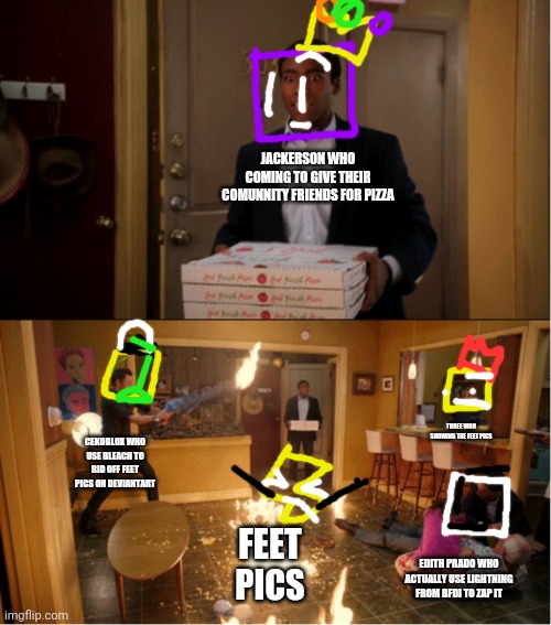 Three's counterparts | JACKERSON WHO COMING TO GIVE THEIR COMUNNITY FRIENDS FOR PIZZA; THREE WHO SHOWING THE FEET PICS; CEKOBLOX WHO USE BLEACH TO RID OFF FEET PICS ON DEVIANTART; FEET PICS; EDITH PRADO WHO ACTUALLY USE LIGHTNING FROM BFDI TO ZAP IT | image tagged in community fire pizza meme,deviantart,crossover | made w/ Imgflip meme maker