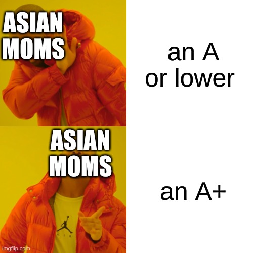 Drake Hotline Bling | an A or lower; ASIAN MOMS; ASIAN MOMS; an A+ | image tagged in memes,drake hotline bling | made w/ Imgflip meme maker