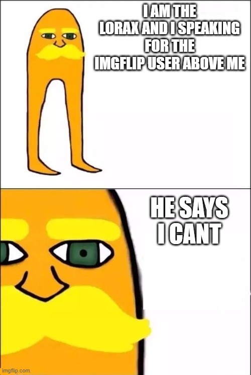 The Lorax | I AM THE LORAX AND I SPEAKING FOR THE IMGFLIP USER ABOVE ME HE SAYS I CANT | image tagged in the lorax | made w/ Imgflip meme maker