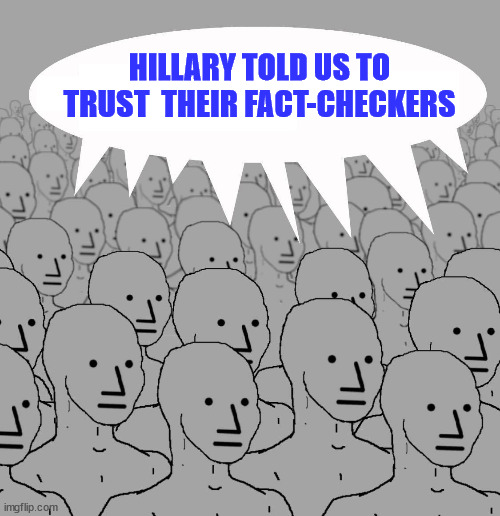 Npc | HILLARY TOLD US TO TRUST  THEIR FACT-CHECKERS | image tagged in npc | made w/ Imgflip meme maker