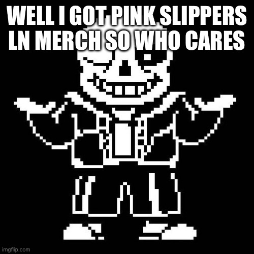 sans undertale | WELL I GOT PINK SLIPPERS LN MERCH SO WHO CARES | image tagged in sans undertale | made w/ Imgflip meme maker