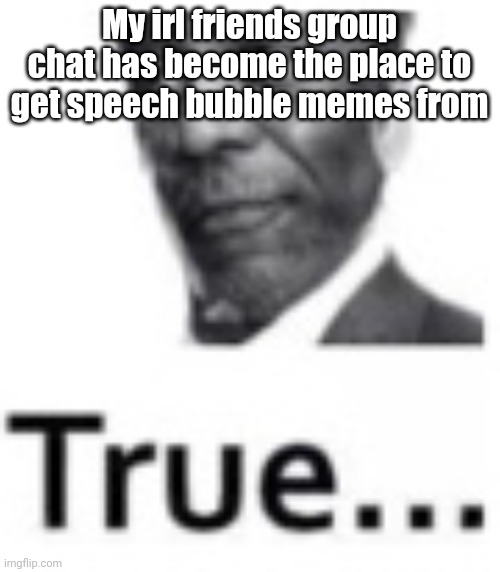 True... | My irl friends group chat has become the place to get speech bubble memes from | image tagged in true | made w/ Imgflip meme maker