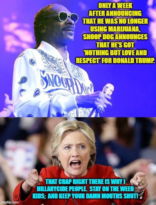Alas Snoop Dog, you are no longer a favorite of leftists. | ONLY A WEEK AFTER ANNOUNCING THAT HE WAS NO LONGER USING MARIJUANA, SNOOP DOG ANNOUNCES THAT HE'S GOT ‘NOTHING BUT LOVE AND RESPECT’ FOR DONALD TRUMP. THAT CRAP RIGHT THERE IS WHY I HILLARYCIDE PEOPLE.  STAY ON THE WEED KIDS;  AND KEEP YOUR DAMN MOUTHS SHUT! | image tagged in yep | made w/ Imgflip meme maker