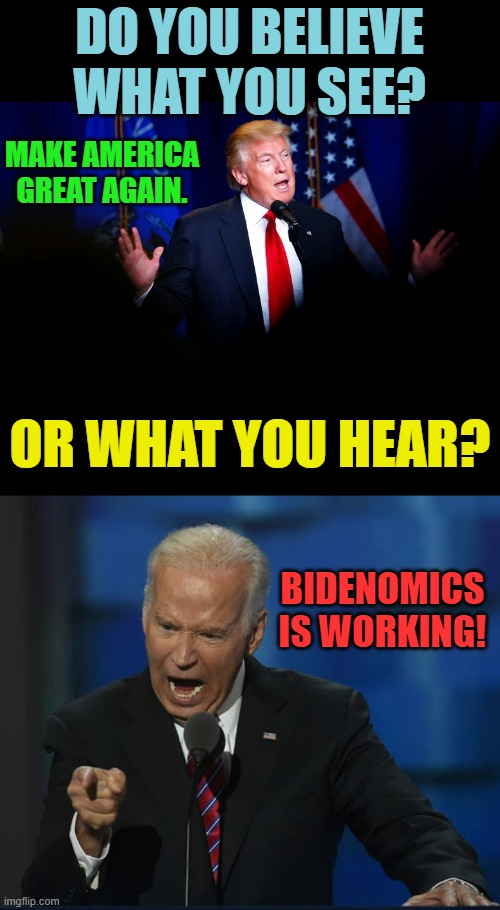 The Real Question In The Upcoming Election | DO YOU BELIEVE WHAT YOU SEE? MAKE AMERICA GREAT AGAIN. OR WHAT YOU HEAR? BIDENOMICS IS WORKING! | image tagged in memes,politics,donald trump,see,joe biden,hearing | made w/ Imgflip meme maker