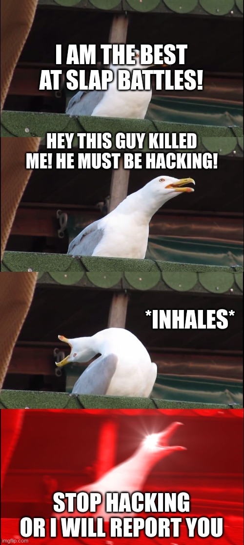 I swear barely anyone hacks | I AM THE BEST AT SLAP BATTLES! HEY THIS GUY KILLED ME! HE MUST BE HACKING! *INHALES*; STOP HACKING OR I WILL REPORT YOU | image tagged in memes,inhaling seagull | made w/ Imgflip meme maker