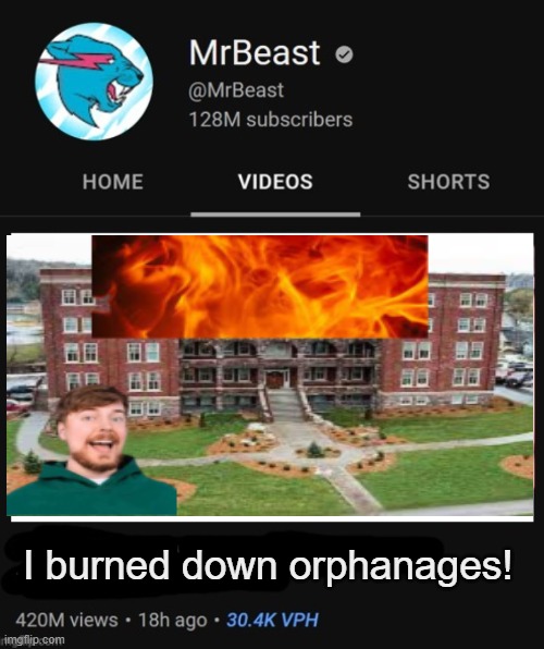 MrBeast thumbnail template | I burned down orphanages! | image tagged in mrbeast thumbnail template | made w/ Imgflip meme maker