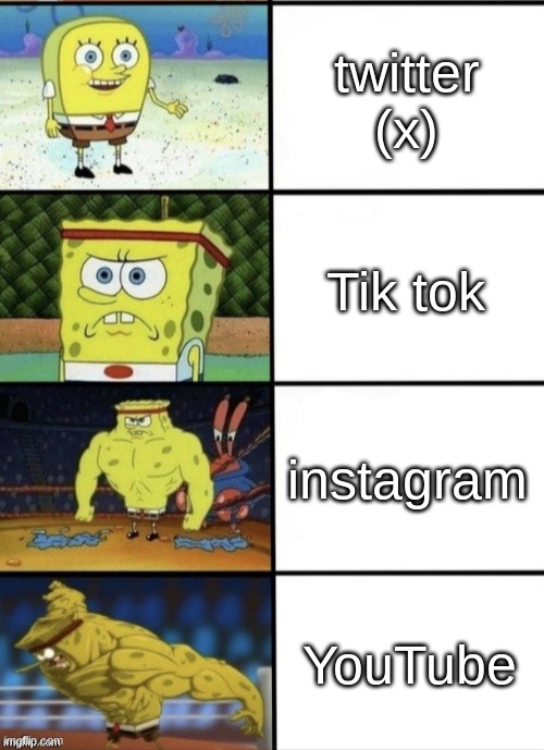 What people use to makes memes | twitter (x); Tik tok; instagram; YouTube | image tagged in spongebob strength | made w/ Imgflip meme maker