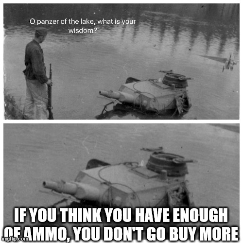 panzer of the lake template | IF YOU THINK YOU HAVE ENOUGH OF AMMO, YOU DON'T GO BUY MORE | image tagged in panzer of the lake template | made w/ Imgflip meme maker