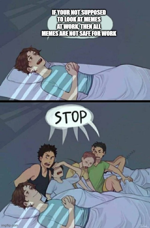 Sleepover Stop | IF YOUR NOT SUPPOSED TO LOOK AT MEMES AT WORK, THEN ALL MEMES ARE NOT SAFE FOR WORK | image tagged in sleepover stop | made w/ Imgflip meme maker