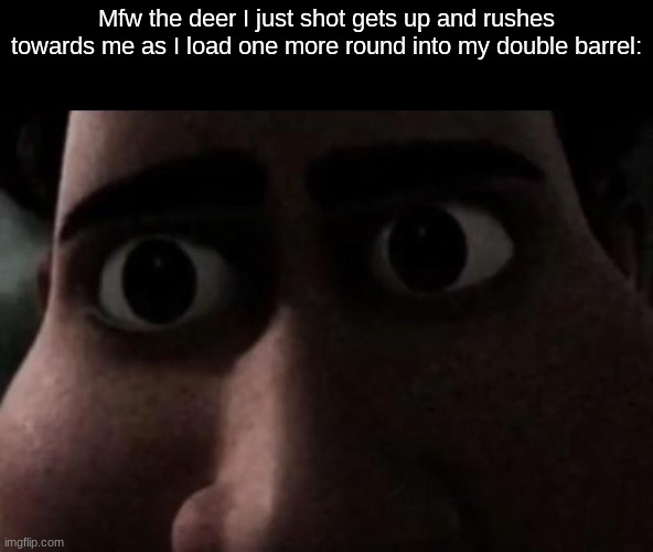 Relatable??? | Mfw the deer I just shot gets up and rushes towards me as I load one more round into my double barrel: | image tagged in titan stare | made w/ Imgflip meme maker