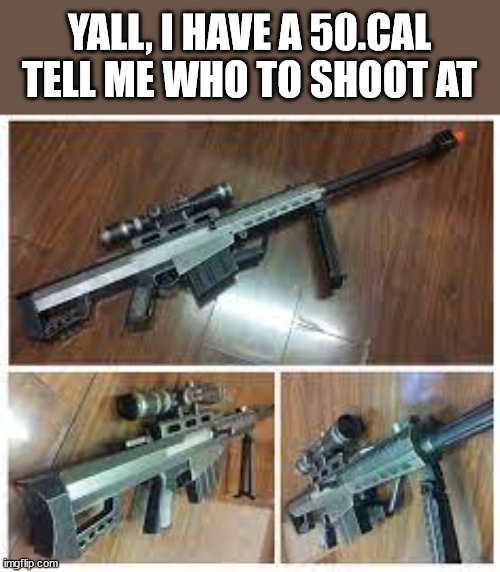 sorry for low (yes its my 50) | YALL, I HAVE A 50.CAL TELL ME WHO TO SHOOT AT | image tagged in grand_templar's 50 cal | made w/ Imgflip meme maker