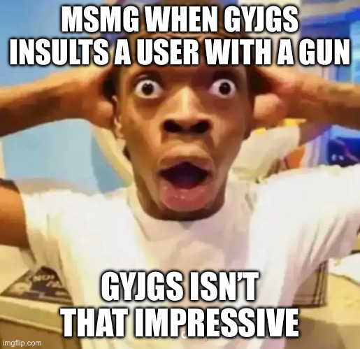 Shocked black guy | MSMG WHEN GYJGS INSULTS A USER WITH A GUN; GYJGS ISN’T THAT IMPRESSIVE | image tagged in shocked black guy | made w/ Imgflip meme maker
