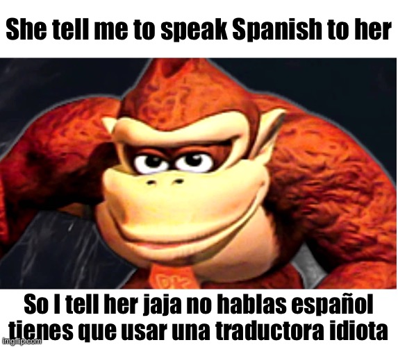 Real (based on a true story) | She tell me to speak Spanish to her; So I tell her jaja no hablas español tienes que usar una traductora idiota | image tagged in donkey kong s seducing face | made w/ Imgflip meme maker