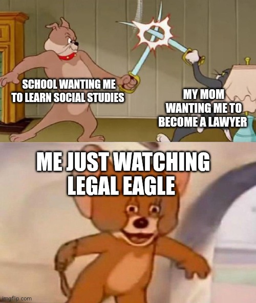 Eagle | SCHOOL WANTING ME TO LEARN SOCIAL STUDIES; MY MOM WANTING ME TO BECOME A LAWYER; ME JUST WATCHING LEGAL EAGLE | image tagged in tom and jerry swordfight | made w/ Imgflip meme maker