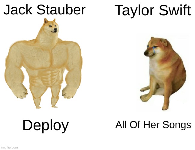 accurate depiction of an ape | Jack Stauber; Taylor Swift; Deploy; All Of Her Songs | image tagged in memes,buff doge vs cheems | made w/ Imgflip meme maker