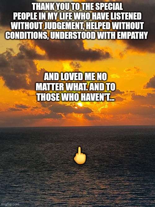 respect | THANK YOU TO THE SPECIAL PEOPLE IN MY LIFE WHO HAVE LISTENED WITHOUT JUDGEMENT, HELPED WITHOUT CONDITIONS, UNDERSTOOD WITH EMPATHY; AND LOVED ME NO MATTER WHAT. AND TO THOSE WHO HAVEN'T... 🖕 | image tagged in respect,friends,support | made w/ Imgflip meme maker