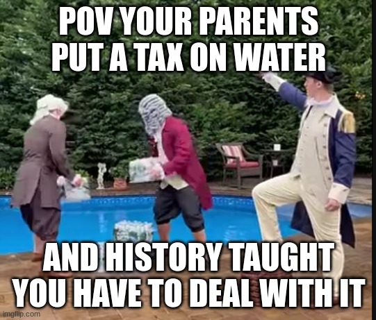 History | POV YOUR PARENTS PUT A TAX ON WATER; AND HISTORY TAUGHT YOU HAVE TO DEAL WITH IT | image tagged in history memes | made w/ Imgflip meme maker