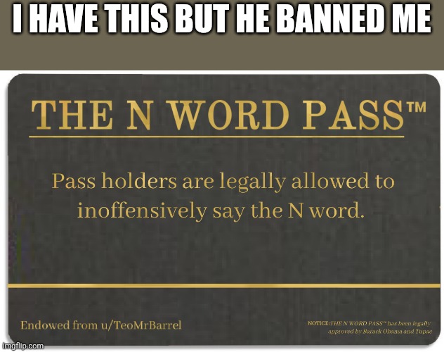 N word pass | I HAVE THIS BUT HE BANNED ME | image tagged in n word pass | made w/ Imgflip meme maker