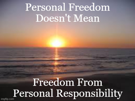 Responsibility | Personal Freedom
Doesn't Mean; Freedom From
Personal Responsibility | image tagged in ocean,freedom | made w/ Imgflip meme maker