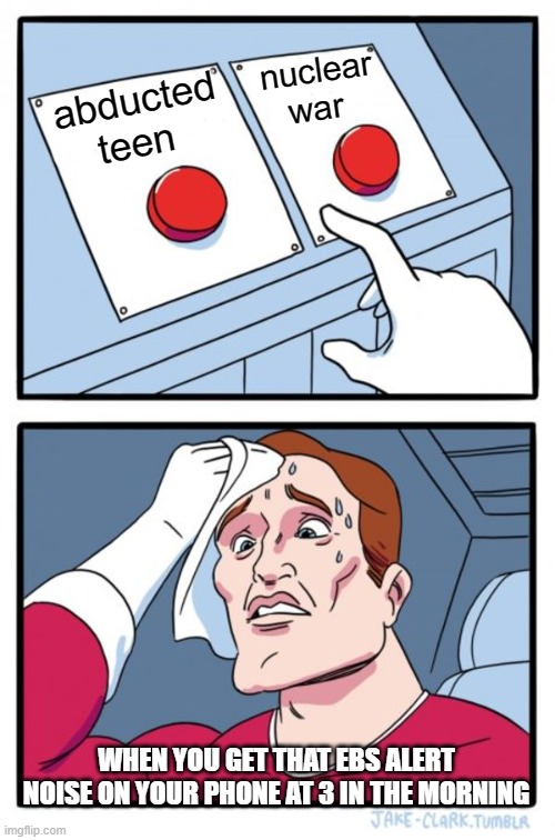 Two Buttons Meme | nuclear war; abducted teen; WHEN YOU GET THAT EBS ALERT NOISE ON YOUR PHONE AT 3 IN THE MORNING | image tagged in memes,two buttons | made w/ Imgflip meme maker