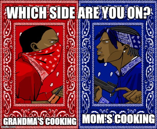Who done it better? | GRANDMA'S COOKING; MOM'S COOKING | image tagged in which side are you on,cooking,grandma finds the internet,mom,controversial | made w/ Imgflip meme maker