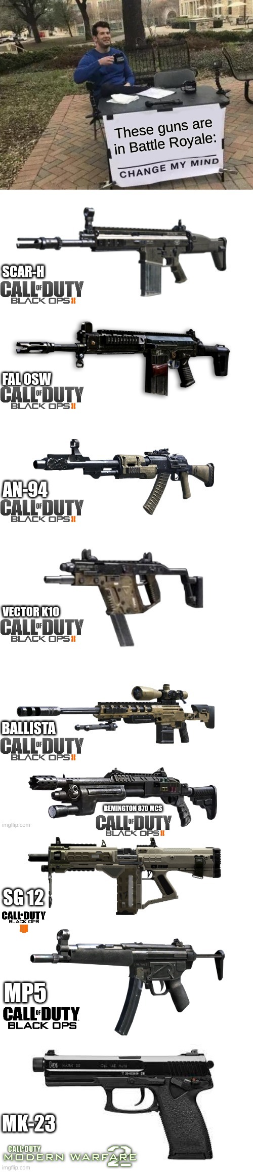 Call of Duty guns in Fortnite?! | SCAR-H; FAL OSW; AN-94; VECTOR K10; BALLISTA; REMINGTON 870 MCS; SG 12; MP5; MK-23 | image tagged in change my mind,call of duty,fortnite | made w/ Imgflip meme maker