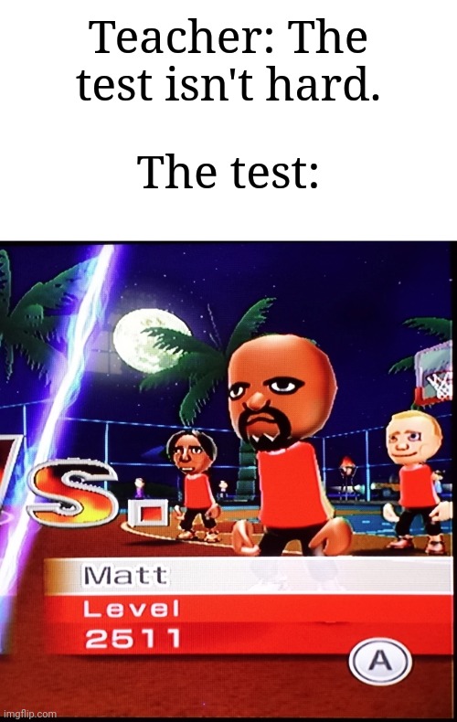 "OmG iT's MaTt FrOm Wii SpOrTs!" | Teacher: The test isn't hard. The test: | image tagged in matt mii,memes,funny,why are you reading this | made w/ Imgflip meme maker