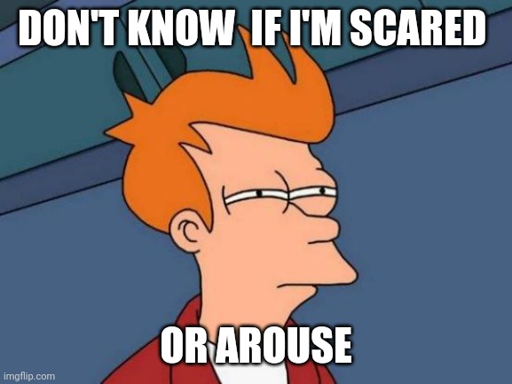 Futurama Fry | DON'T KNOW  IF I'M SCARED; OR AROUSE | image tagged in memes,futurama fry | made w/ Imgflip meme maker