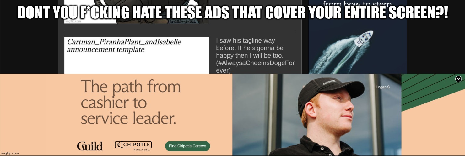 these types of ads shouldnt exist. especially when your making memes. | DONT YOU F*CKING HATE THESE ADS THAT COVER YOUR ENTIRE SCREEN?! | image tagged in annoying,memes,funny | made w/ Imgflip meme maker