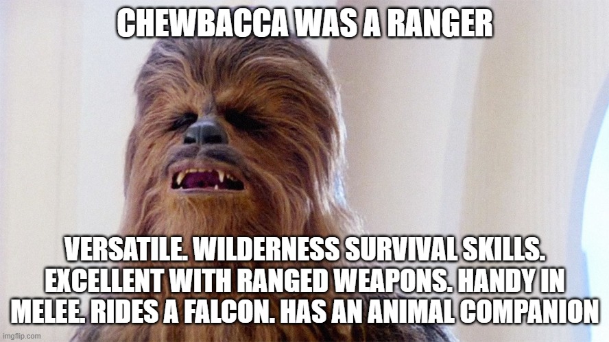 Chewbacca was a Ranger | CHEWBACCA WAS A RANGER; VERSATILE. WILDERNESS SURVIVAL SKILLS. EXCELLENT WITH RANGED WEAPONS. HANDY IN MELEE. RIDES A FALCON. HAS AN ANIMAL COMPANION | image tagged in chewbacca,dungeons and dragons,rpg,rpg fan,star wars | made w/ Imgflip meme maker