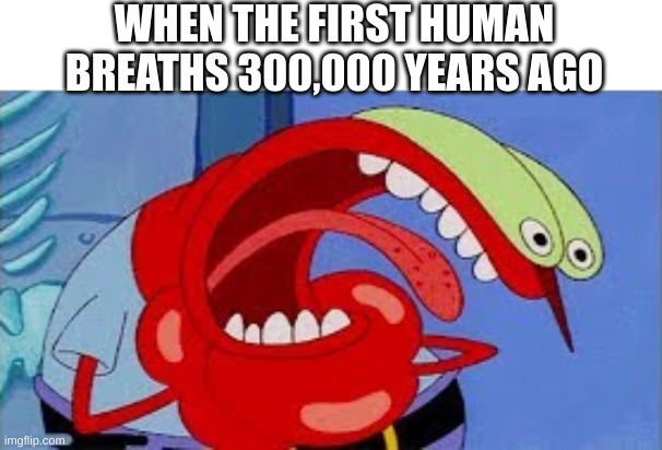 NO TITLE HERE | WHEN THE FIRST HUMAN BREATHS 300,000 YEARS AGO | image tagged in mr krabs choking,funny memes,dank memes,spongebob | made w/ Imgflip meme maker