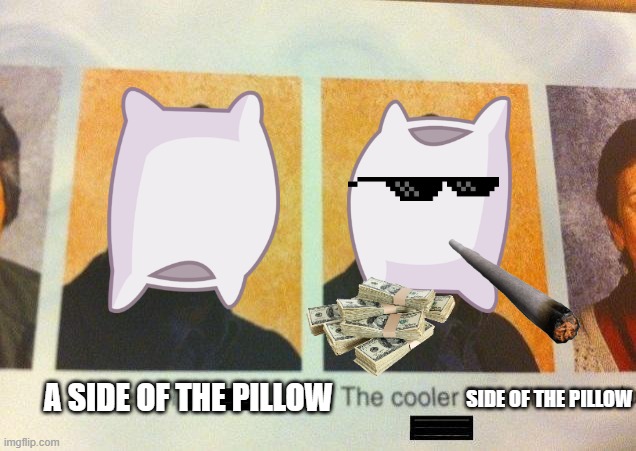 pillows be like | A SIDE OF THE PILLOW; SIDE OF THE PILLOW | image tagged in the cooler daniel | made w/ Imgflip meme maker