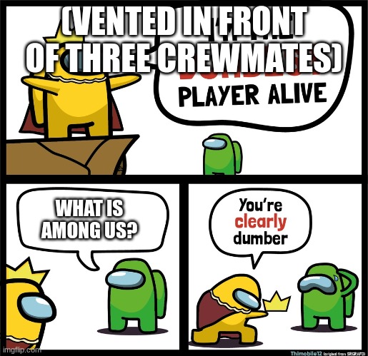 Among Us dumbest player | (VENTED IN FRONT OF THREE CREWMATES); WHAT IS AMONG US? | image tagged in among us dumbest player | made w/ Imgflip meme maker