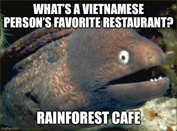 Not trying to be offensive it’s just a joke | WHAT’S A VIETNAMESE PERSON’S FAVORITE RESTAURANT? RAINFOREST CAFE | image tagged in memes,bad joke eel,dark humor,relatable memes,relatable | made w/ Imgflip meme maker