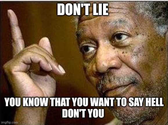 morgan freeman | DON'T LIE YOU KNOW THAT YOU WANT TO SAY HELL
DON'T YOU | image tagged in morgan freeman | made w/ Imgflip meme maker