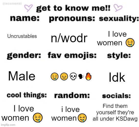 get to know me but better | Uncrustables; n/wodr; I love women 🤤; 🤤😞💀🗣🔥; Idk; Male; Find them yourself they're all under KSDawg; i love women🤤; I love women 🤤 | image tagged in get to know me but better | made w/ Imgflip meme maker