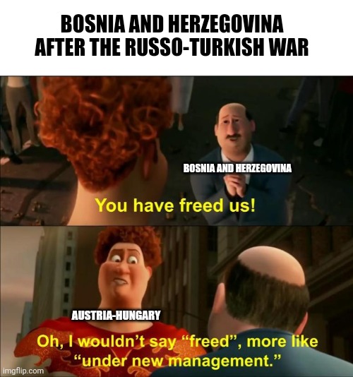 Just learned this and found it memeable | BOSNIA AND HERZEGOVINA AFTER THE RUSSO-TURKISH WAR; BOSNIA AND HERZEGOVINA; AUSTRIA-HUNGARY | image tagged in under new management,history memes,austria,hungary,ww1,sans undertale is coming for your retinas | made w/ Imgflip meme maker