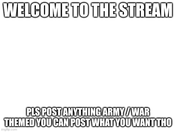 welcome to the stream | WELCOME TO THE STREAM; PLS POST ANYTHING ARMY / WAR THEMED YOU CAN POST WHAT YOU WANT THO | image tagged in welcome | made w/ Imgflip meme maker