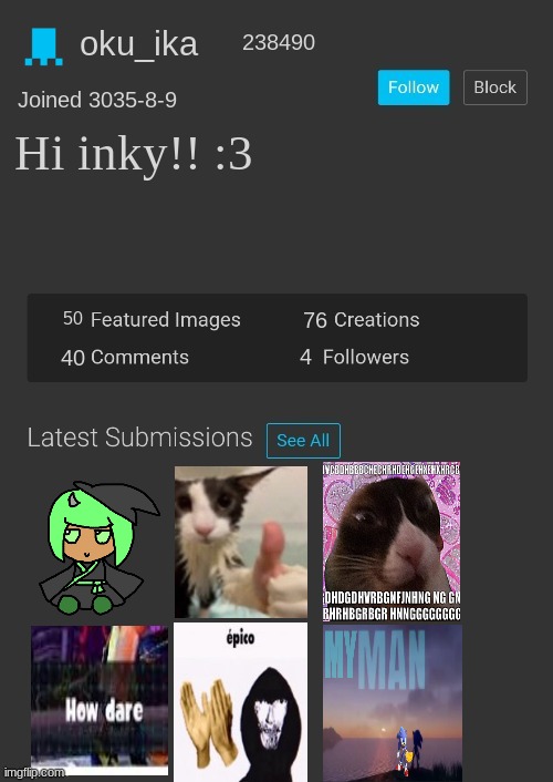 she likes cats | oku_ika; 238490; Joined 3035-8-9; Hi inky!! :3; 76; 50; 4; 40 | image tagged in blank imgflip profile | made w/ Imgflip meme maker