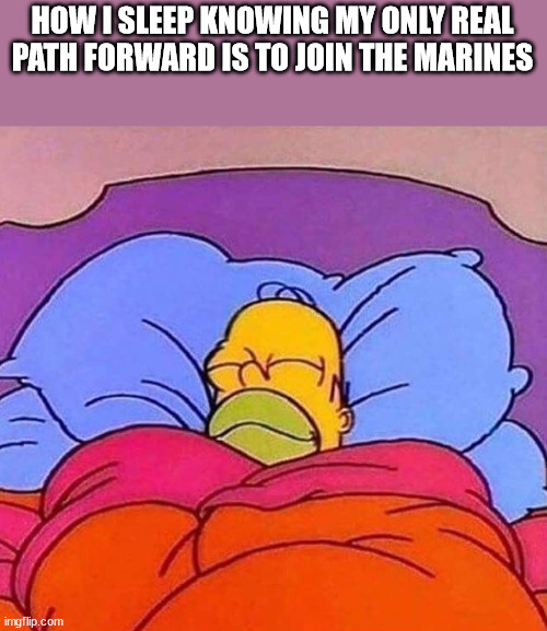 Homer Simpson sleeping peacefully | HOW I SLEEP KNOWING MY ONLY REAL PATH FORWARD IS TO JOIN THE MARINES | image tagged in homer simpson sleeping peacefully | made w/ Imgflip meme maker